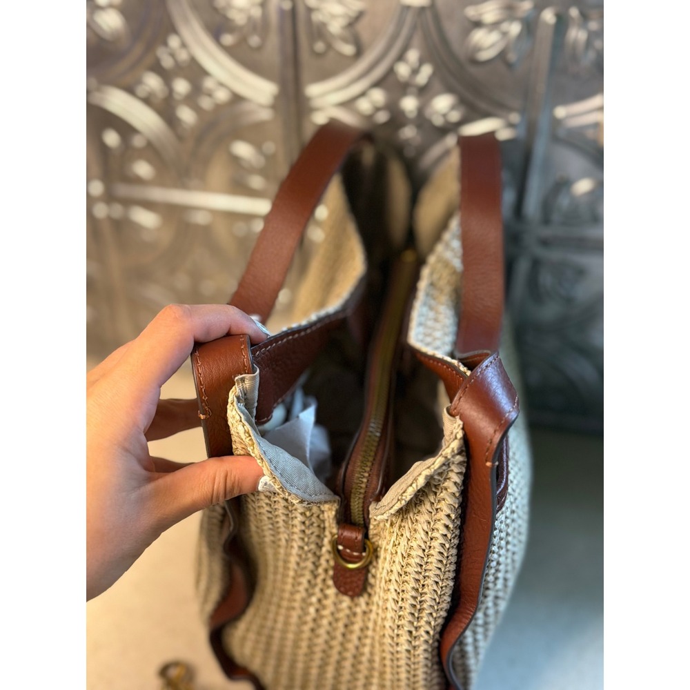 American Leather Co Bag Tan Woven Straw Leather Trim Satchel Crossbody Handbag - Picture 5 of 11